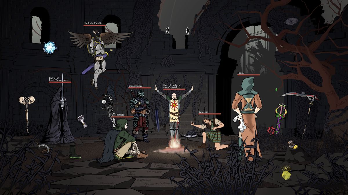 Extra Life 2022 art: Sword as the Host of Embers over a bonfire, surrounded by community members' characters.