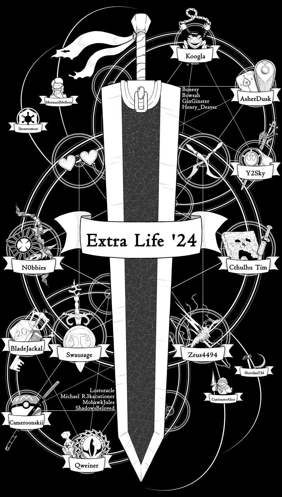 Extra Life 2024 art: a black-and-white greatsword with an 'Extra Life 24' banner, ringed by emblems bearing community members' names.